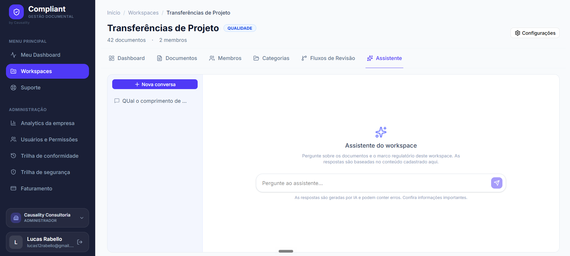 Assistente de IA do Compliant dentro de um workspace